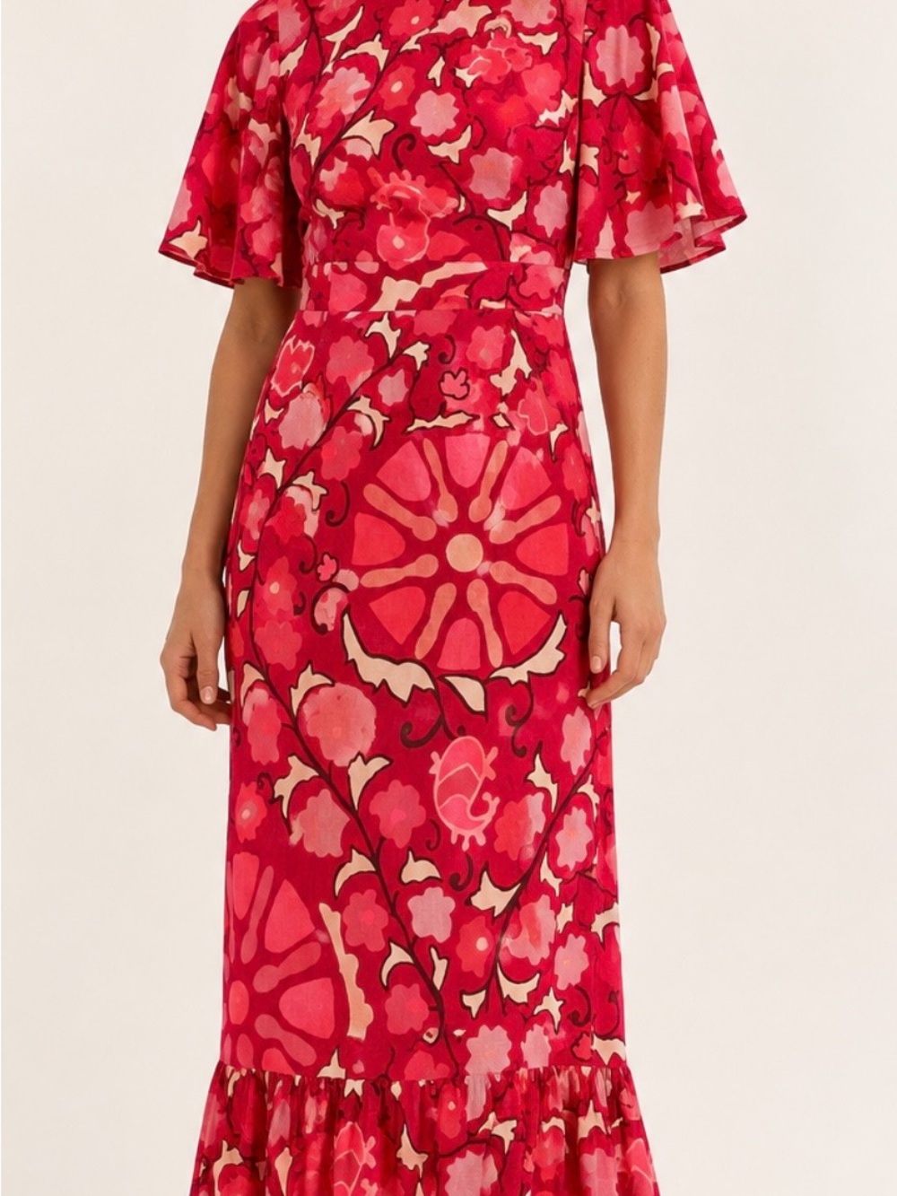 RHODE x Target Pink/Red Zinnia Midi Dress w/bell sleeves Linen blend Sz 2